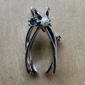 Silver Toned Double Wishbone Faux Pearl Blue Rhinestone Stone Brooch Pin
